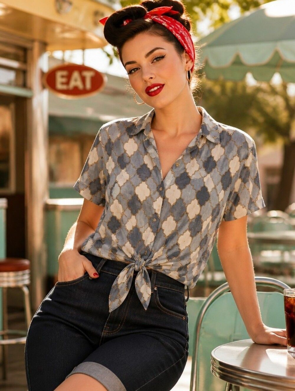 Parker Blue & Beige Tie-Front Short Sleeve Blouse